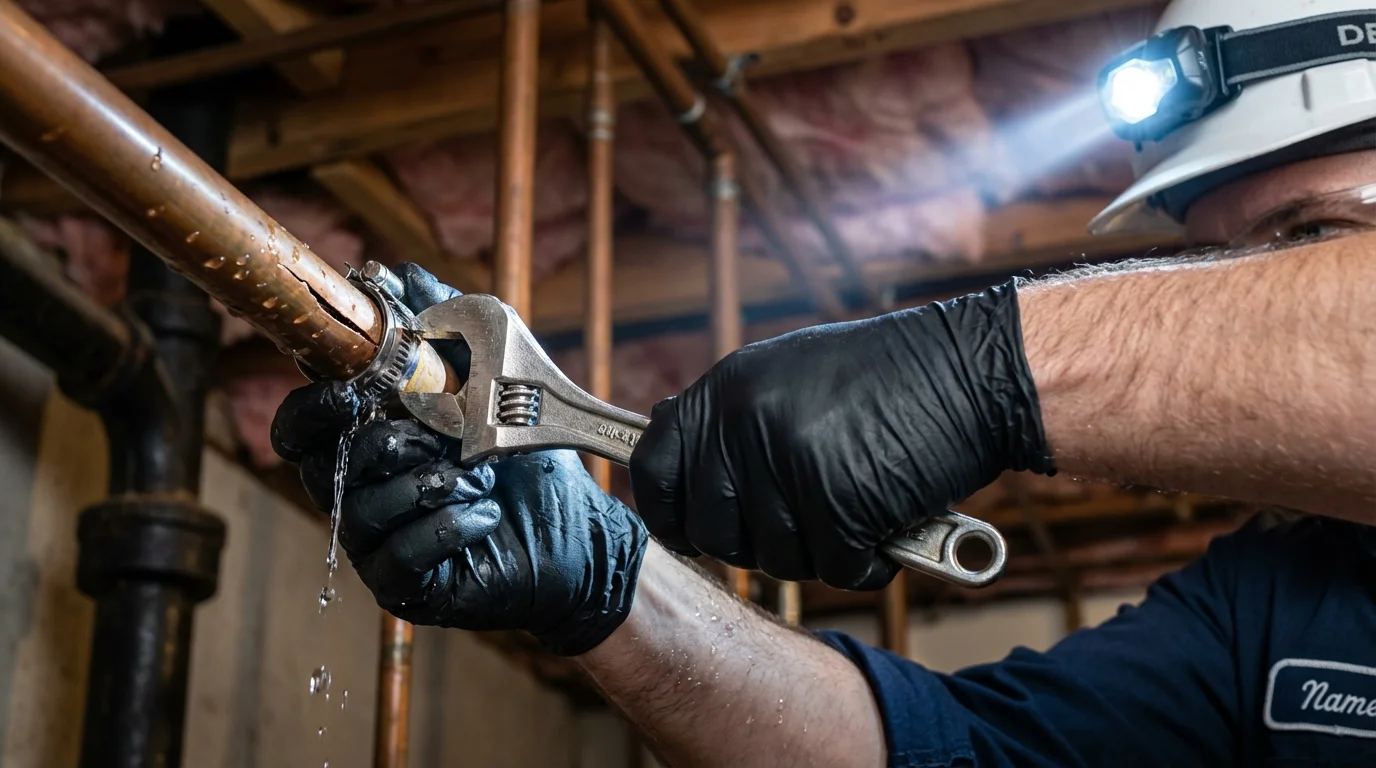 Emergency pipe clamp repair being performed by a Johns Plumbing LLC plumber in Lodi