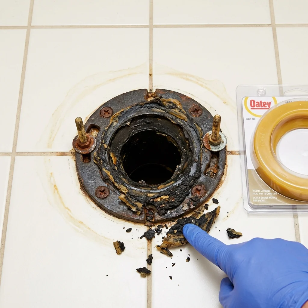 Failed wax ring showing water seepage at the base of a toilet in a Lodi, NJ home