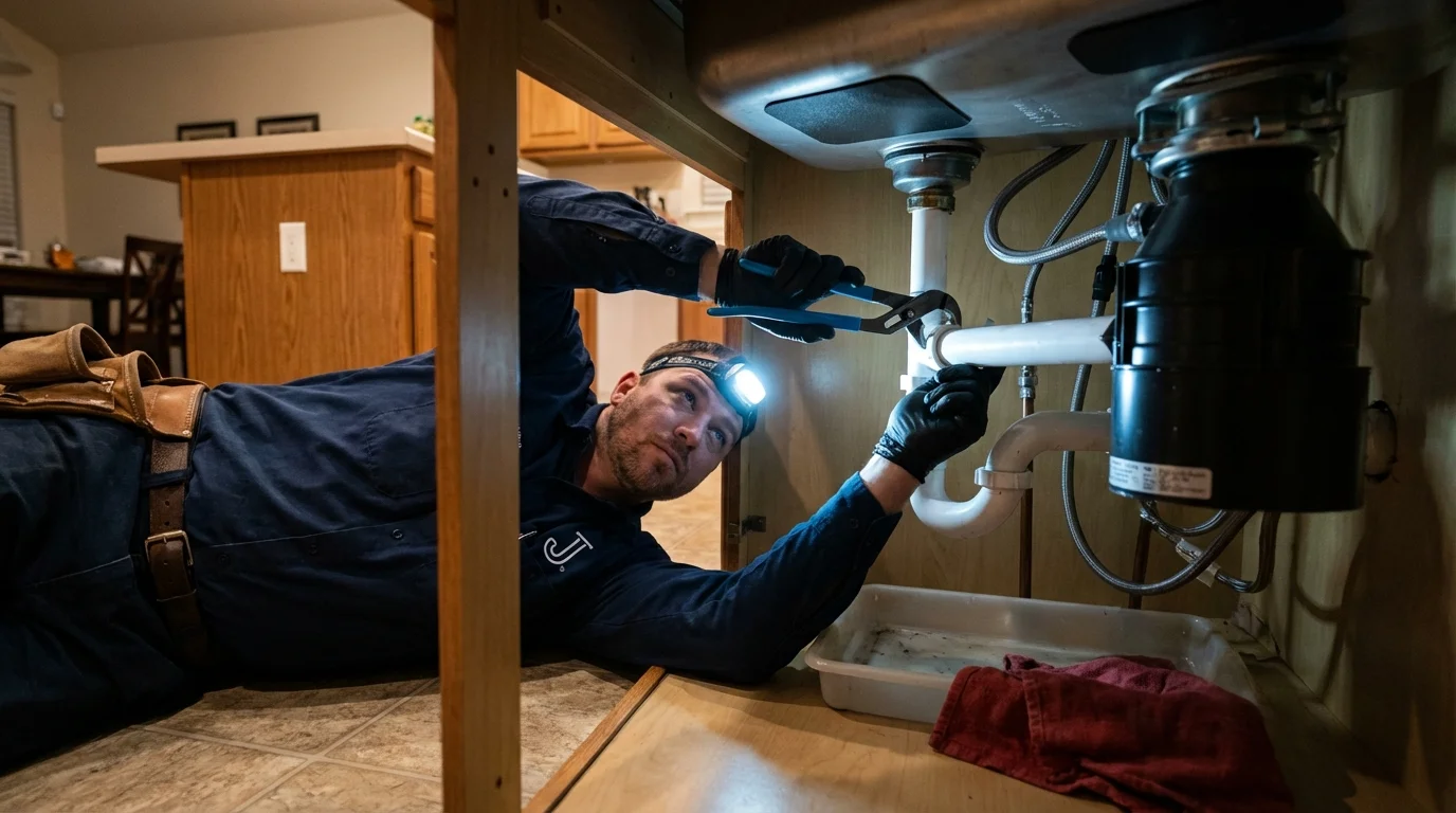 P-trap and supply line connections under a kitchen sink showing a common leak point in Lodi, NJ